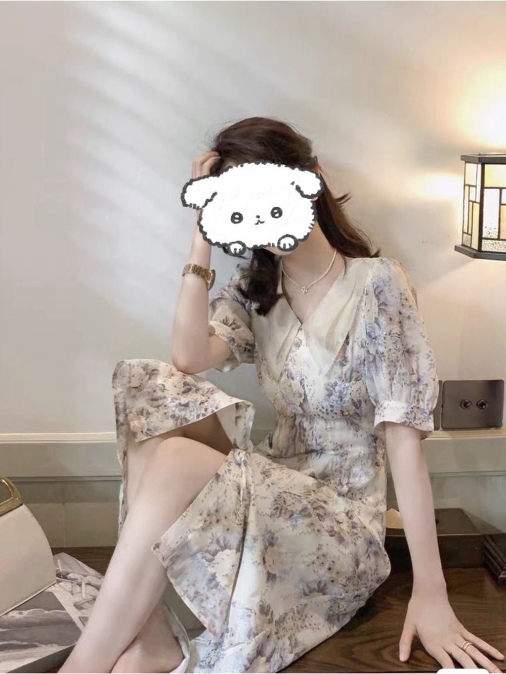 Floral Ivory Midi Dress with V-Neck Collar